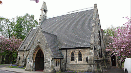 crematorium with cherry blossum